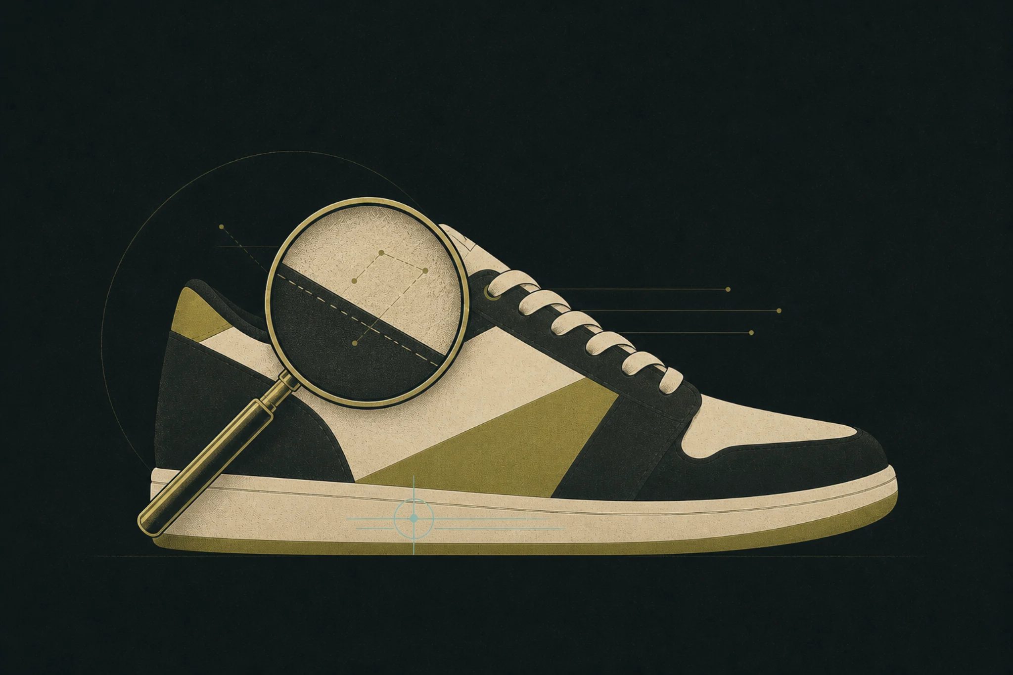 Editorial illustration of a sneaker, magnifying lens and material authentication signals